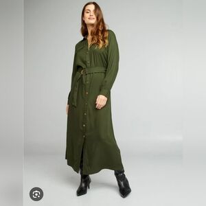 Zara Women's Linen Belted Midi Drees Long-Sleeve Olive Green Size XS